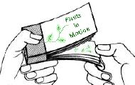 Illustration of hands holding and flipping the pages of a flipbook titled Plants in Motion