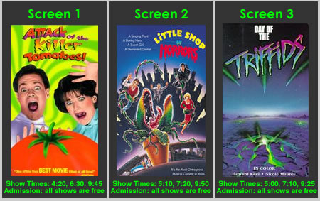 Picture of three different movie posters that are all related to plants and two of the three of them have people on them reacting to situations happening within the poster.